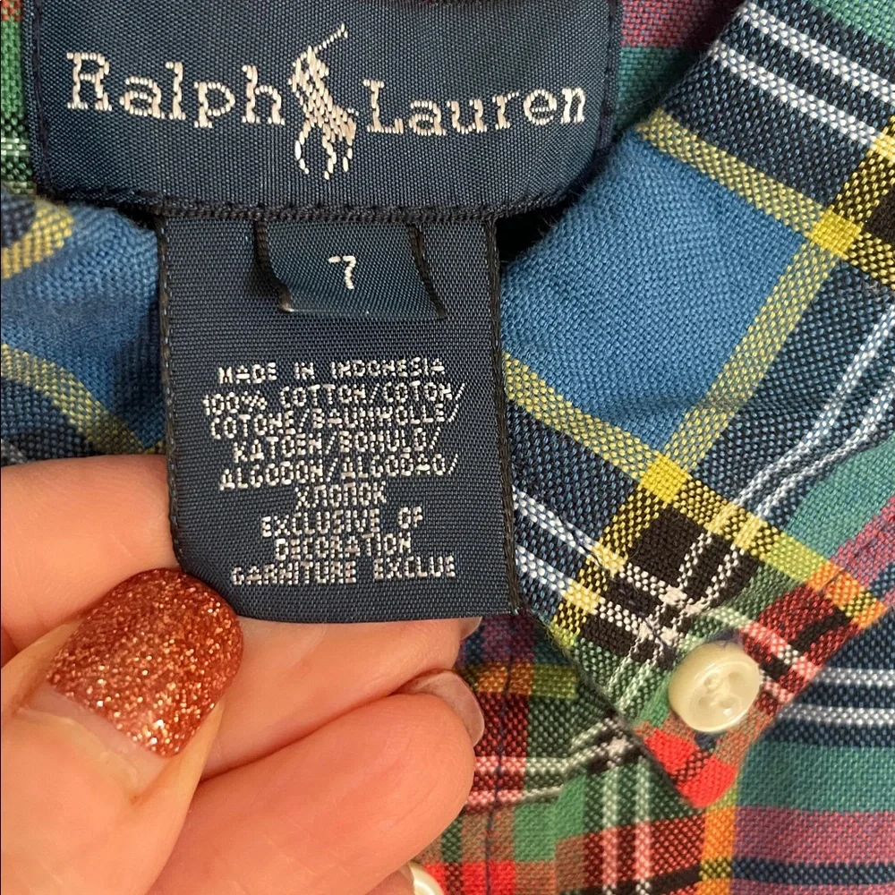 NWT Boy’s Ralph Lauren Navy and White Tag Plaid Shirt, Sz 7